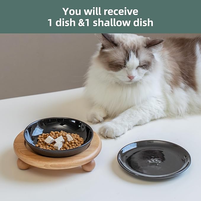 Raised Ceramic Wide Whisker Friendly Cat Dishes, Food&Water Bowl with 2 Style Stand Adjustable Pet Bowl Set(1Dish+1Shallow Dish+Stand, Black