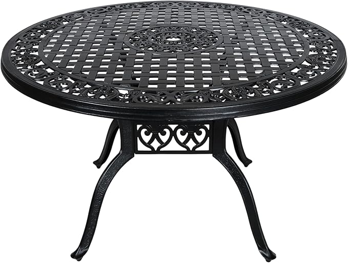 Cast Aluminum Patio Table,48" Round Patio Dining Table for 4-6 Person with Umbrella Hole,Metal Patio Table Outdoor Round Bistro Dining Table for Garden,Yard,Black