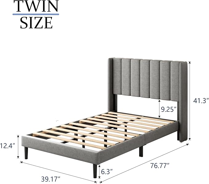 Twin Bed Frames with Wingback Headboard, Upholstered Platform Beds, No Box Spring Needed Sturdy Wooden Slat Support, Easy Assemble, Light Gray