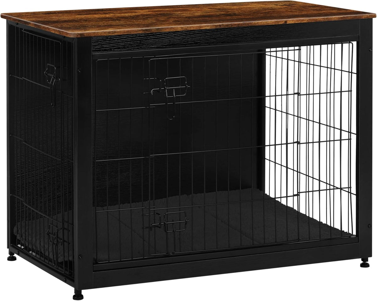 DWANTON Dog Crate Furniture with Cushion, Wooden Kennel Table with Double Doors, Indoor Dog House, Large Size, 38.5" L, Black+Rustic Brown
