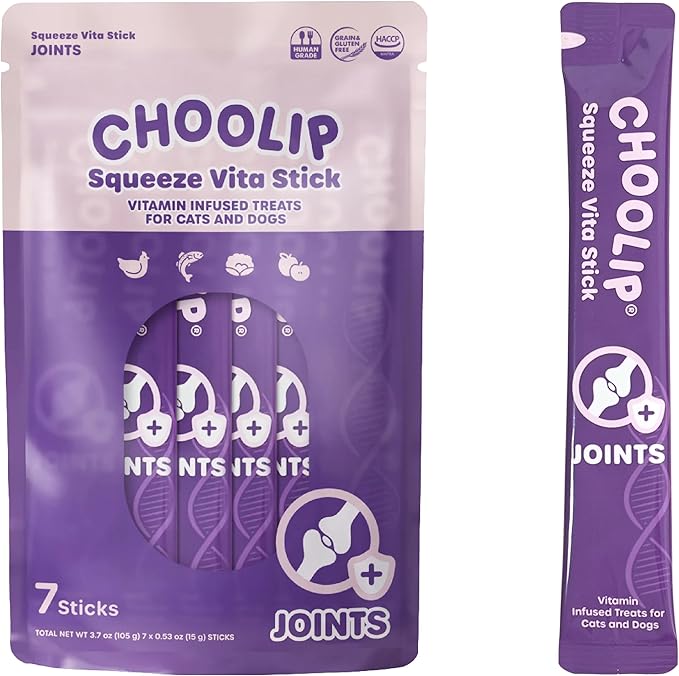 Choolip Squeeze Vita Stick Lickable Cat Treats & Dog Puree – 7-Count Joint Support Tubes, Creamy Grain-Free High-Protein Puree with MSM, Glucosamine & Green Lipped Mussel for Joint & Mobility Health