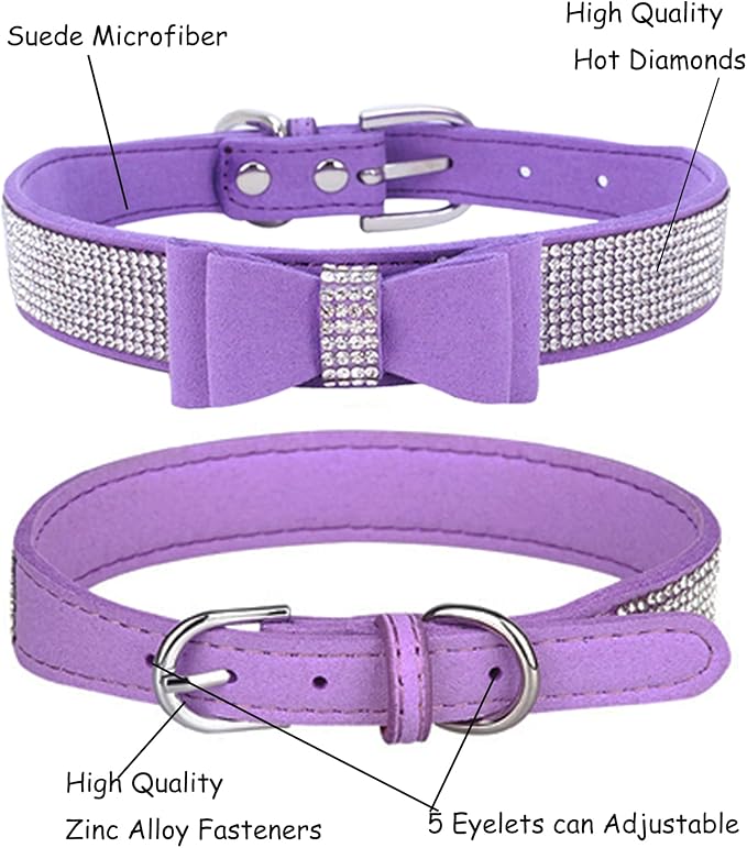 Bling Dog Collar for Small Medium Large Dogs, Crown Rhinestone Dog Collars for Girl and boy Dog, Diamond Puppy Collars, Adjustable Leather Suede SOFE Cat Collar (S(10.6"-13"/27CM-33CM), Purple3)