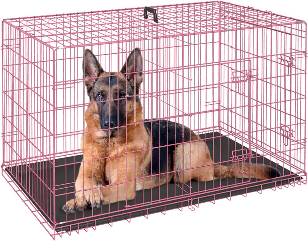 FDW Dog Crate for Large Dogs 48 Inch Folding Metal WirePet Cage Double Door W/Divider Panel Indoor Outdoor Kennel Leak-Proof Plastic Tray,Pink