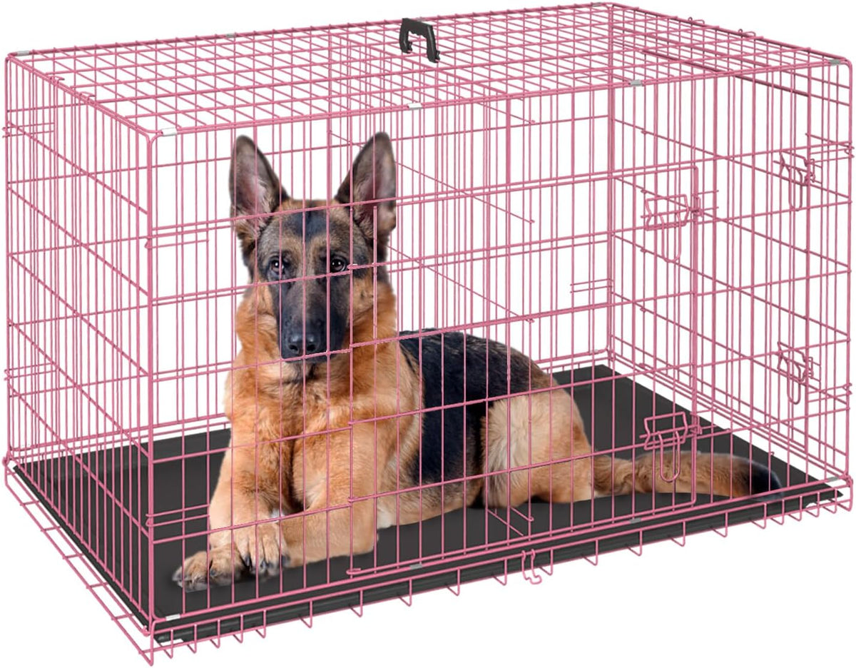 FDW Dog Crate for Large Dogs 48 Inch Folding Metal WirePet Cage Double Door W/Divider Panel Indoor Outdoor Kennel Leak-Proof Plastic Tray,Pink