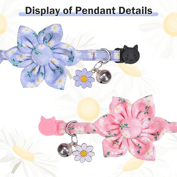 Breakaway Cat Collars for Girl Boy Cats, 2 Pack Cute Kitten Collar with Bells & Flowers, Safety Adjustable Female Male Kitty Puppy Floral Collar Pink & Blue, Small Pet Spring Gifts