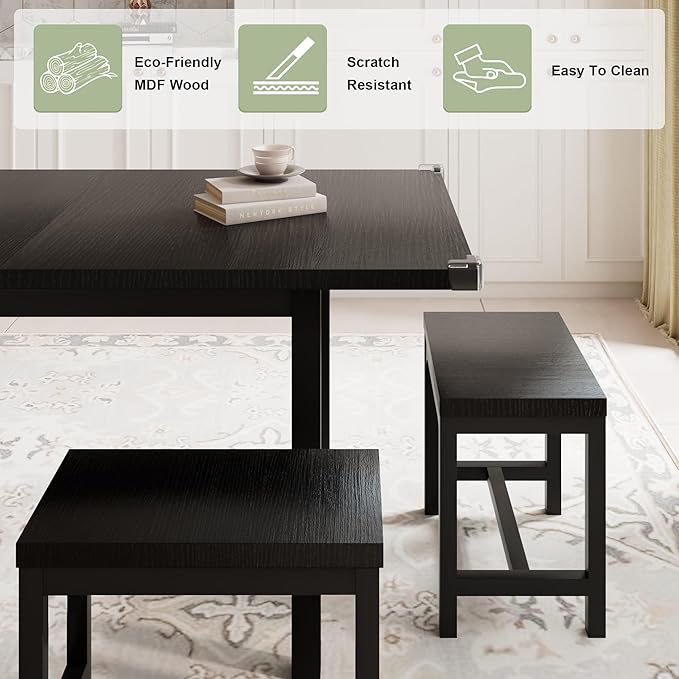 Feonase 7-Piece Dining Table Set with 6 Stools, 63" Large Extendable Kitchen Table Set for 4-8, Mid-Century Dining Room Table with Heavy-Duty Frame, Easy Assembly, Black