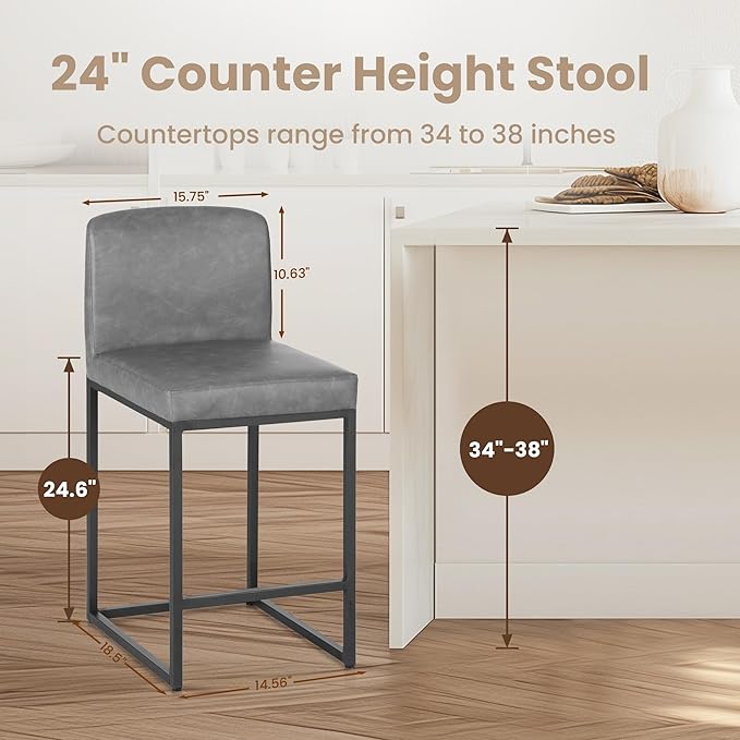 PHI VILLA Grey Bar Stools Set of 4 - Counter Height 24'' Bar Stool Pu Leather Kitchen Modern Bar Chairs, Bar Stools with Back