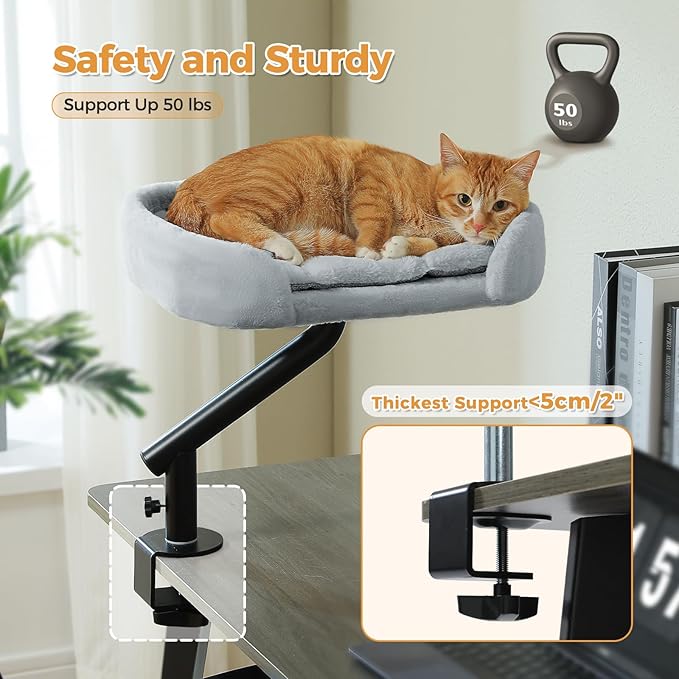 PAWZ Road Cat Desk Bed for Indoor Cats, Cat Bed for Desk Supports Up to 50 lbs, 360° Rotation & Adjustable, Nest Desktop Attachment Cats Hammock for Table, Gray