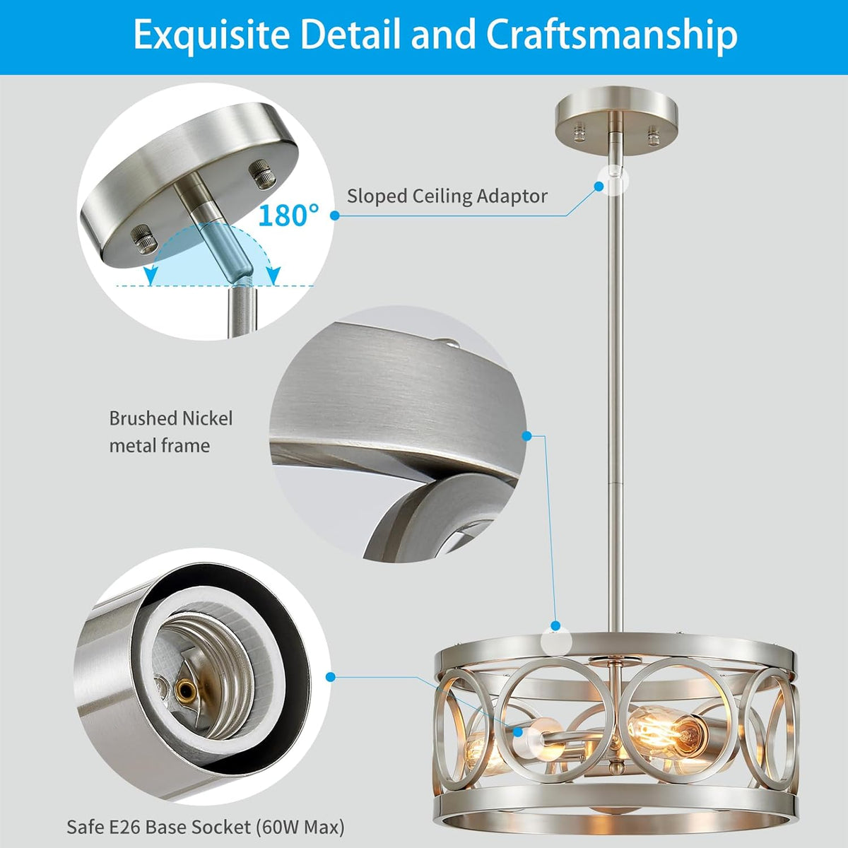 XINGQI Nickel Ceiling Light Adjustable Height Pendant Lighting Fixture 3-Light Metal Lamp 13" Rustic Round Lights for Dining Room Kitchen Bedroom Foyer Hallway