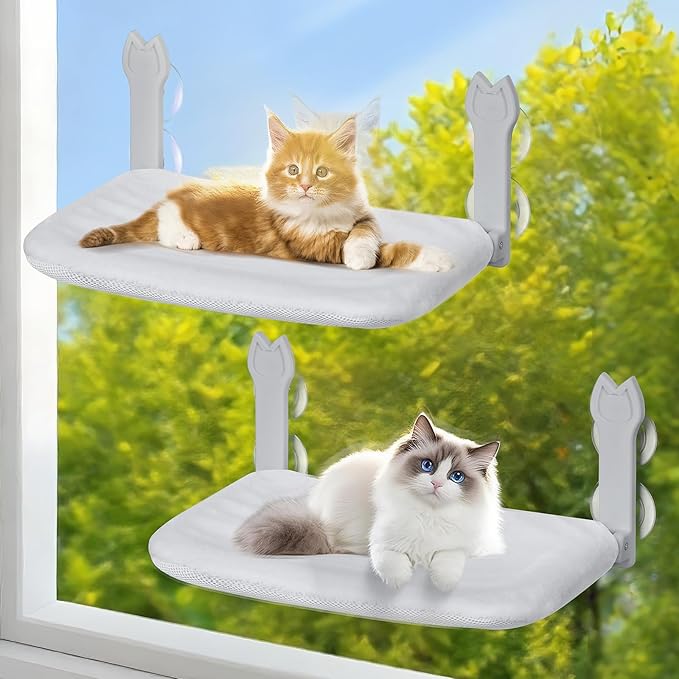 Cat Window Hammock 2-Pack,Foldable Cat Perch with Suction Cups & Metal Frame,Holds up to 40 lbs - Durable & Secure,Features 2-Sided Cushion & Easy Storage for Sunny Lounging(Dark Gray)