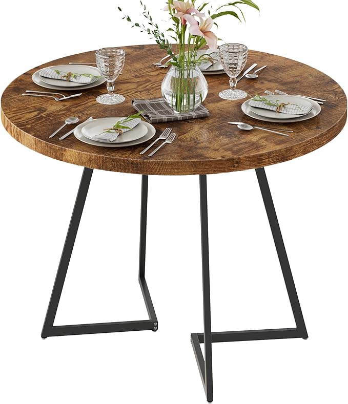 VECELO 35" Round Dining Table for 4, Wood-Grain Tabletop & Heavy-Duty Steel Frame, for Kitchen, Living Room, Easy Assembly, Antique Brown