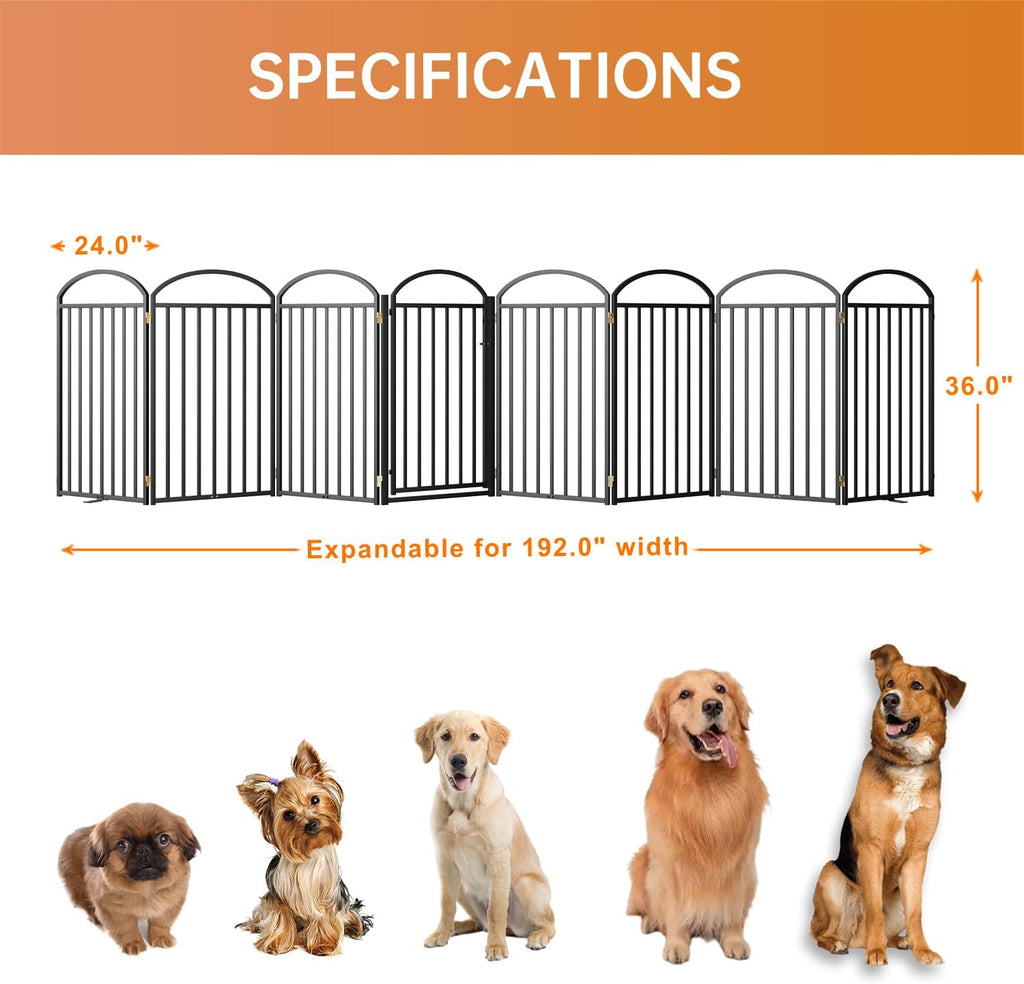 8 Panles Full Matel Freestanding Dog Gates with Door, 192"Extra Wide 36"Tall Free Standing Dog Pet Gate for Indoor & Outdoor. Foldable Pet Fences for Doorways, House, Stairs, Porch, Deck, Yard