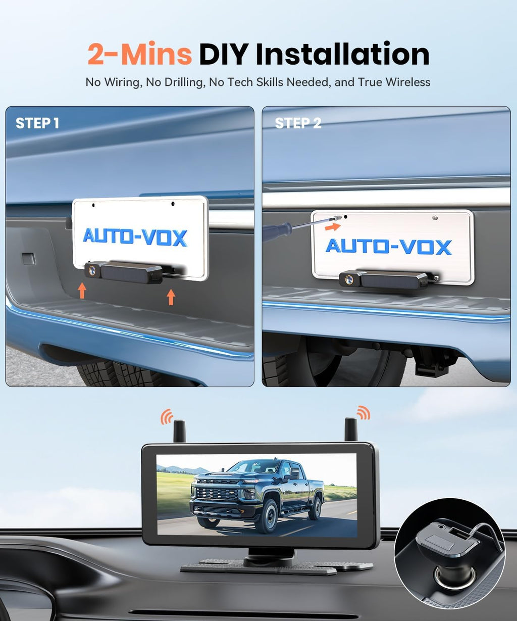 AUTO-VOX 2 Solar Wireless Backup Camera System with Two Cameras (License Plate & Portable): 7.2??1080P HD Dual Channel Monitor, IP69K Waterproof Back up Camera for Truck,RV,Camper,Horse/Boat Trailer