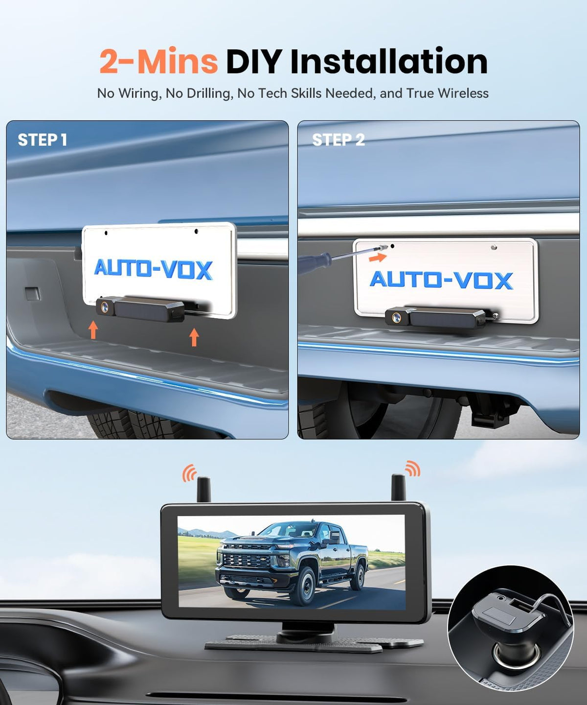 AUTO-VOX 2 Solar Wireless Backup Camera System with Two Cameras (License Plate & Portable): 7.2??1080P HD Dual Channel Monitor, IP69K Waterproof Back up Camera for Truck,RV,Camper,Horse/Boat Trailer