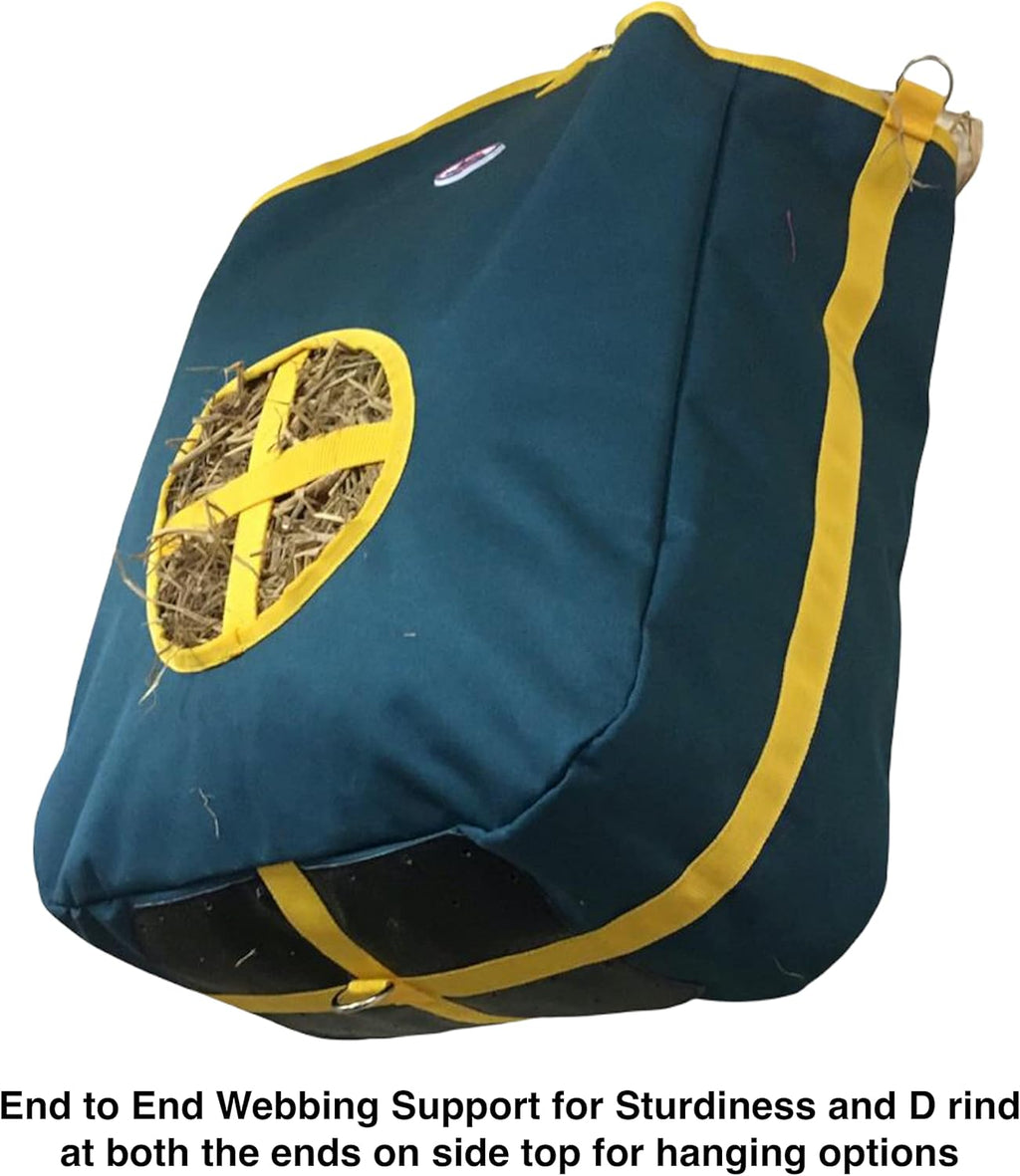 Majestic Ally Nylon Hay Feeder Tote Bag for Horse, Goat, Sheep - Double Sides Open Feed Hole with Faux Leather Ventilated Bottom- Premium Quality -Simulates Grazing - Reduces Waste (Hunter Green)