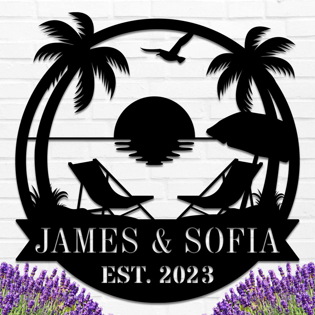 Personalized Beach Metal Monogram Sign, Custom Palm Trees Metal Name Sign, Outdoor Metal Family Name Sign, Custom Last Name Sign, Beach Coastal House Decor