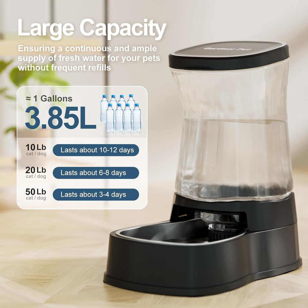 Automatic Gravity Water Dispenser for Dogs, 1Gallon Stainless Steel Dog and Cat Water Bowl Dispenser, Dog Water Fountain Dispenser for Small&Medium Dogs, Cats, Puppies(Black)