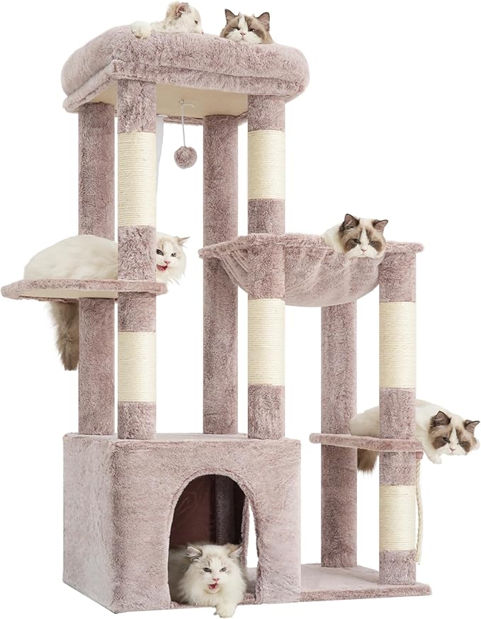 Heybly Heavy Duty Cat Tree, Tower for Indoor Cats Large Adult, Tall Cat Condo House with Extra-Large Baseboard, Multi-Level Plush Furniture with Scratching Posts, Hammock,Toy Balls,Muchroom HCT026MU