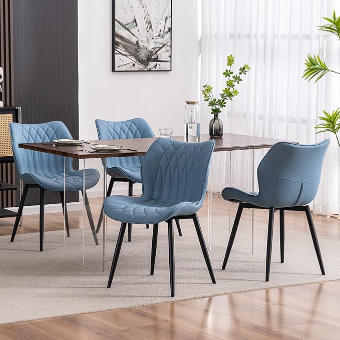 Kidol & Shellder Modern Dining Chairs Set of 2 Comfy Dining Room Chairs with Thick Cushions PU Leather Upholstered Kitchen Side Chairs with Metal Legs Blue