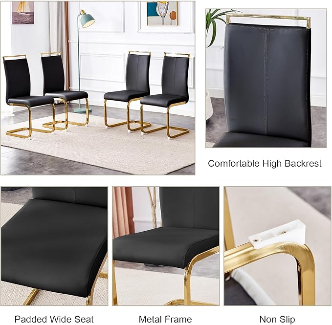 Dining Table Set of 4,51" Rectangle Tempered Glass Table Top with Golden Metal Legs,Kitchen Room Table with 4 Black Faux Leather Chairs,Dinner Tables Set for Dining Room Office
