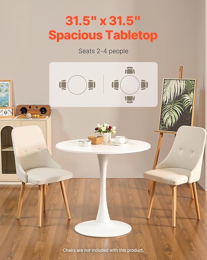 VEVOR Round Dining Table, 31.5 in Wood Table for 2-4 Person, Modern Circle Furniture, Leisure Coffee Office Tables with Pedestal Base in Tulip Design, for Home Kitchen Living Room, White(Only Table)