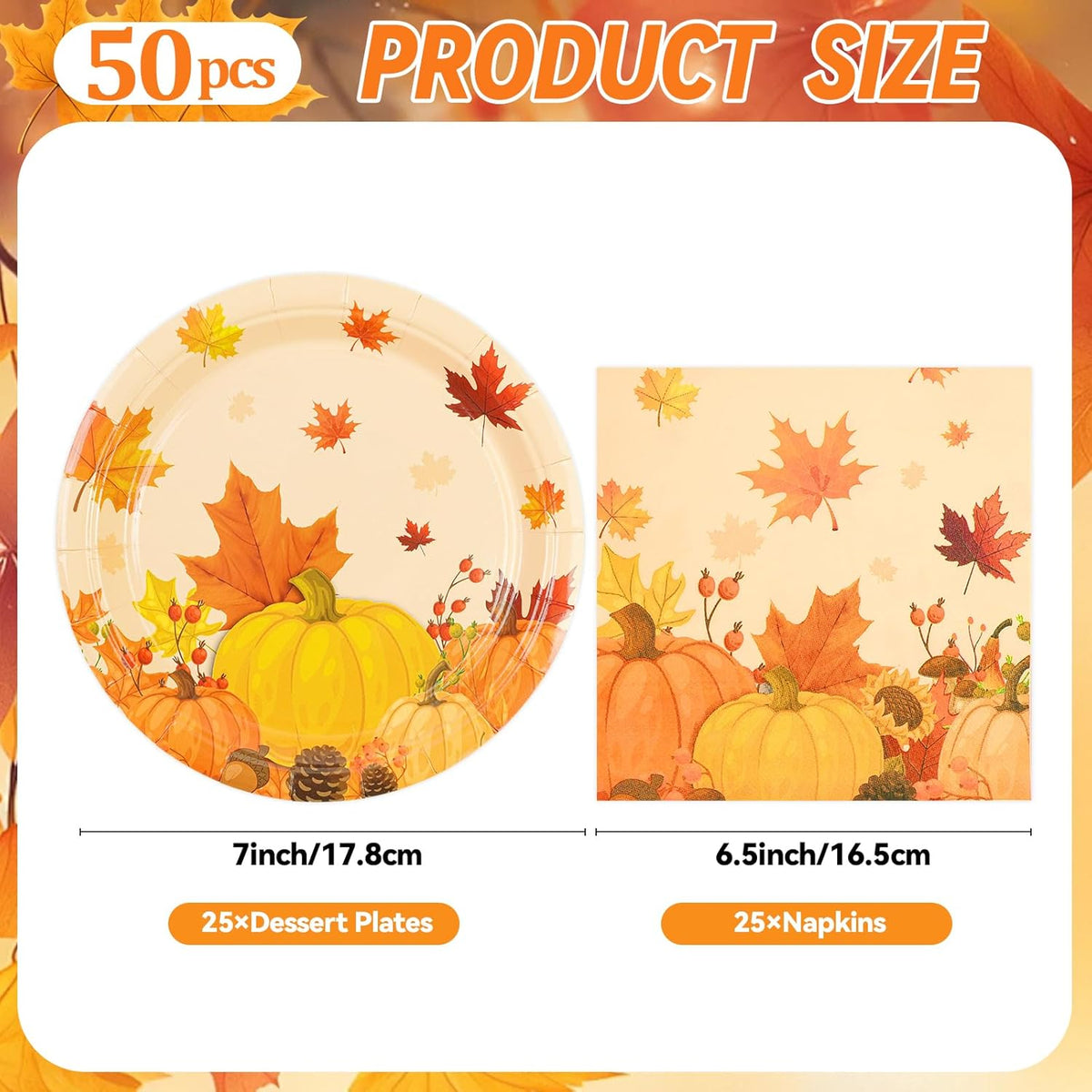 50PCS Fall Maple Leaves Paper Plates and Napkins - Thanksgiving Dessert Plates and Napkins Disposable Autumn Theme Party Supplies for Fall Thanksgiving Harvest Birthday
