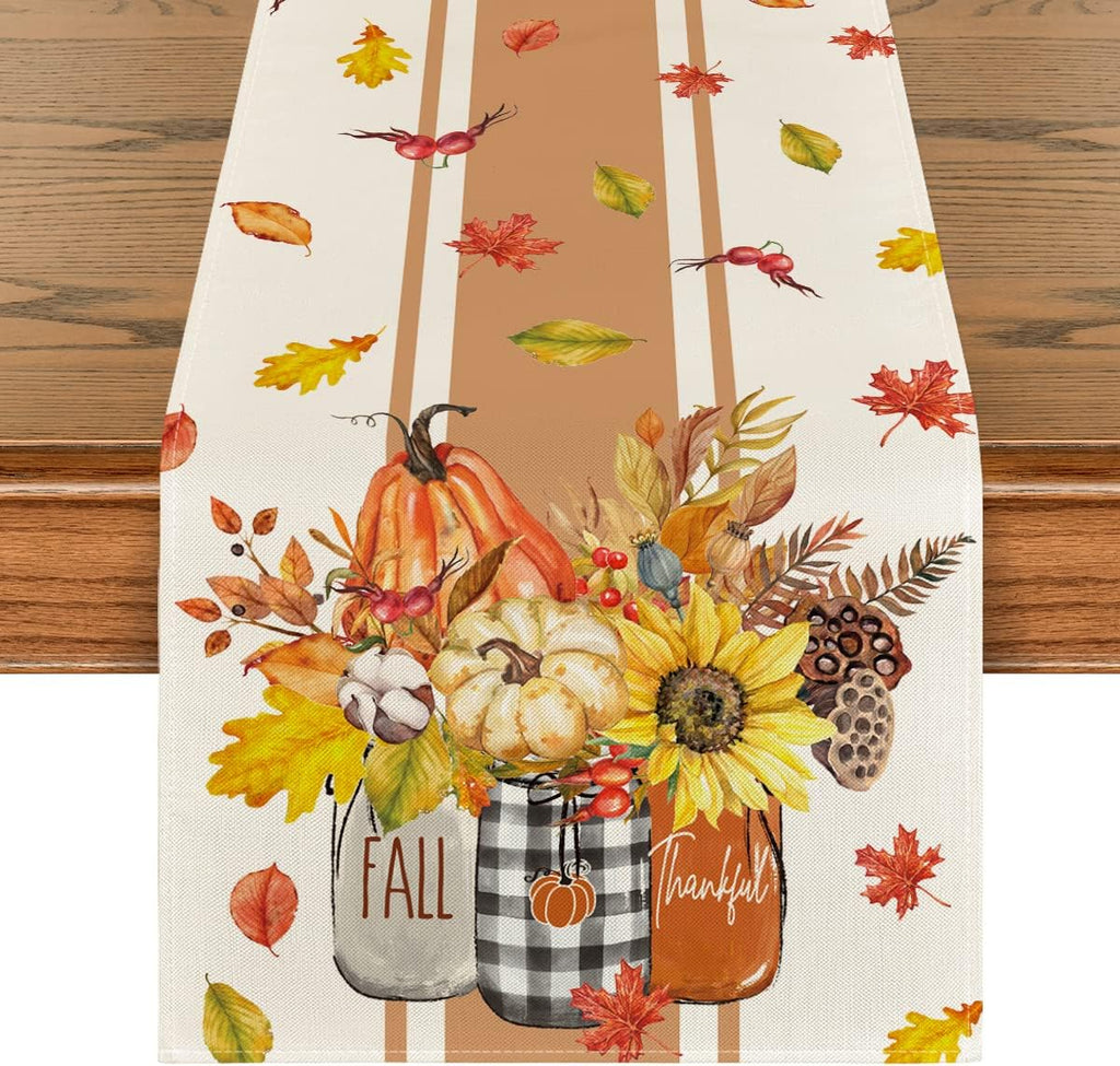 Artoid Mode Thankful Fall Pumpkin Leaves Floral Vases Table Runner, Autumn Thanksgiving Kitchen Dining Table Decoration for Home Party Decor 13x36 Inch
