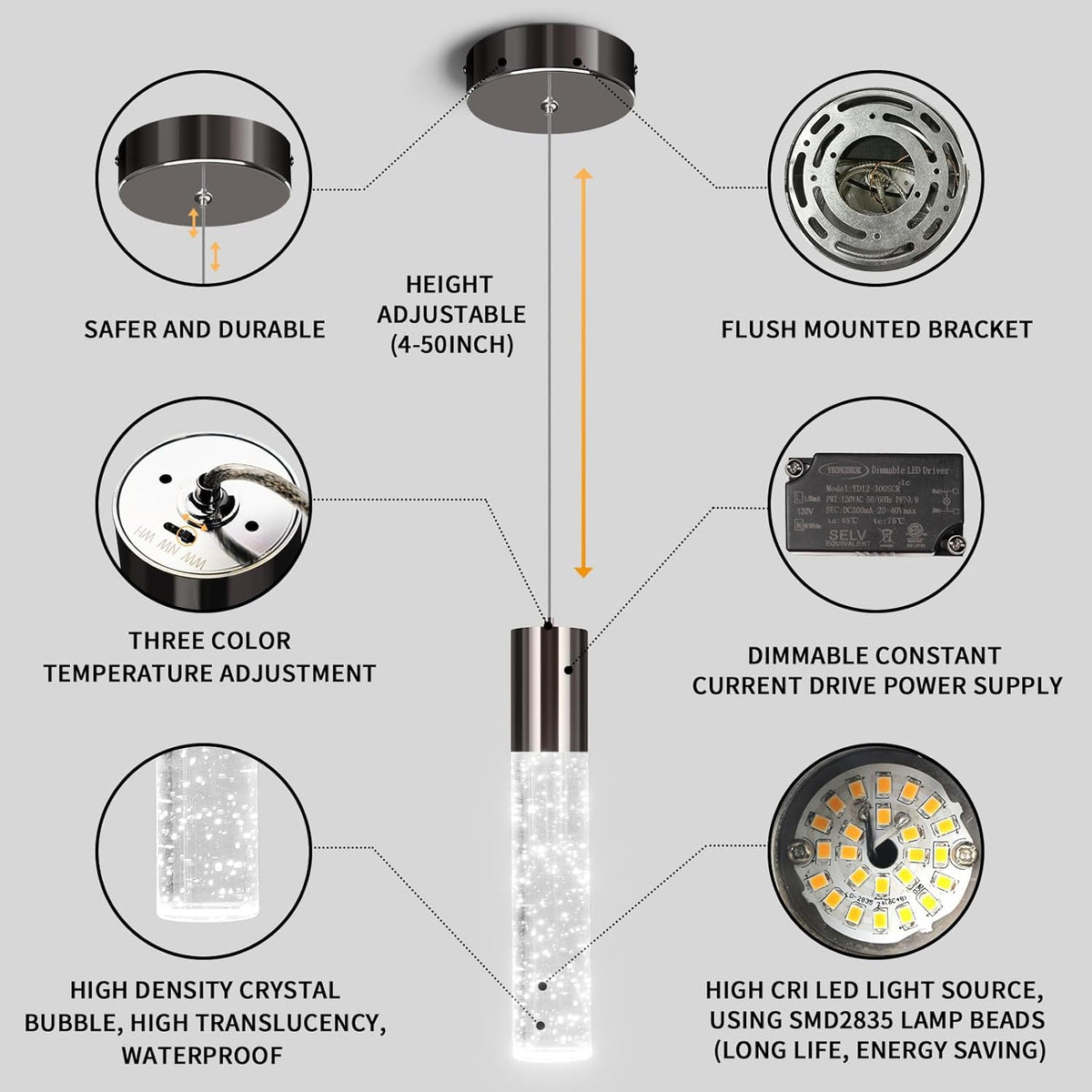 OKELI Modern Pendant Light,3Color LED Bubble Crystal Island Light Fixtures,Black Mini Pendant Lighting for Kitchen Island,Bar,6W,3000-6000K,ETL
