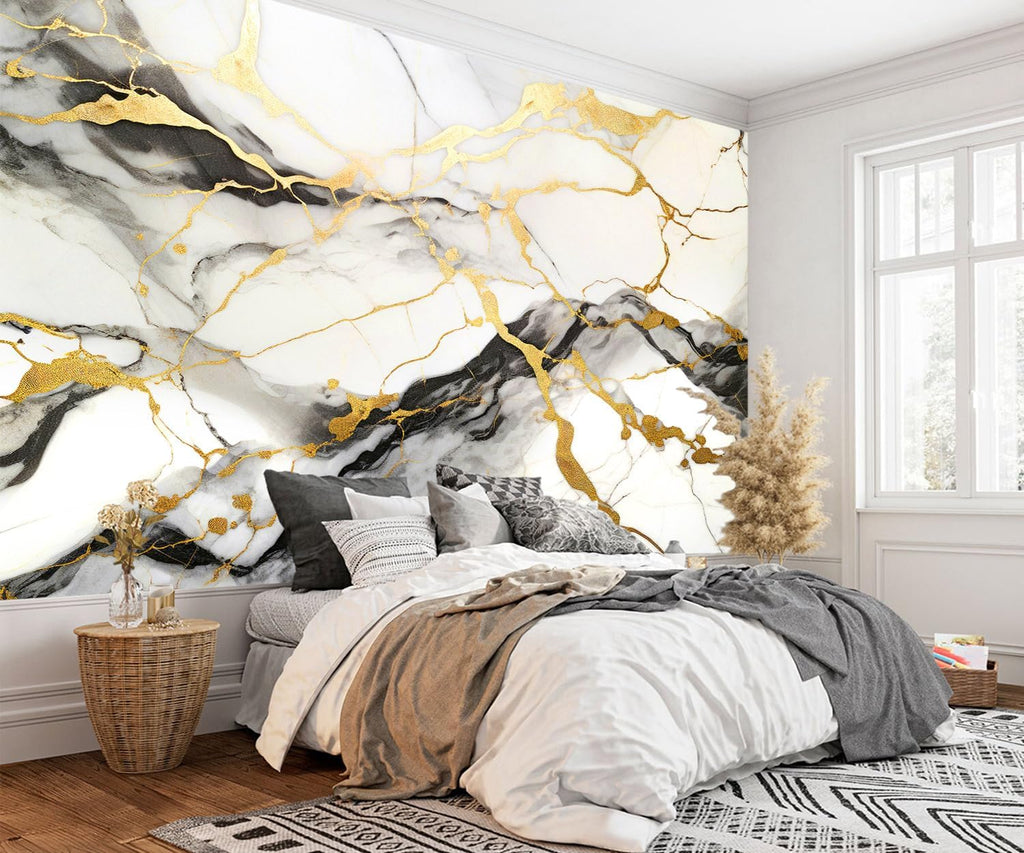 AFZEVEB-Black and Gold Marble Wallpaper Wall murals for Bedroom 159"x107" (Not Peel and Stick)