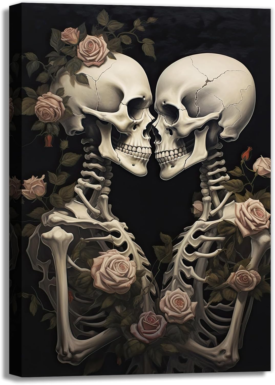 OAAPITI Vintage Skeleton Canvas Wall Art Gothic Painting Artwork Retro Rose Skull Art Poster Abstract Romantic Theme Picture Halloween Living Room Decor(Artwork-4,16"x24")