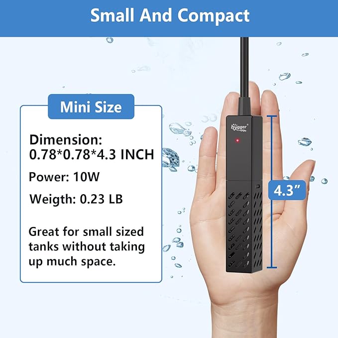 hygger 10W Small Aquarium Heater, Upgraded Ceramic Submersible Fish Tank Heater with 2 Suction Cups, Betta Heater Mini Preset Water Thermostat for up to 3 Gallon Tanks (Preset Temperature 78℉)