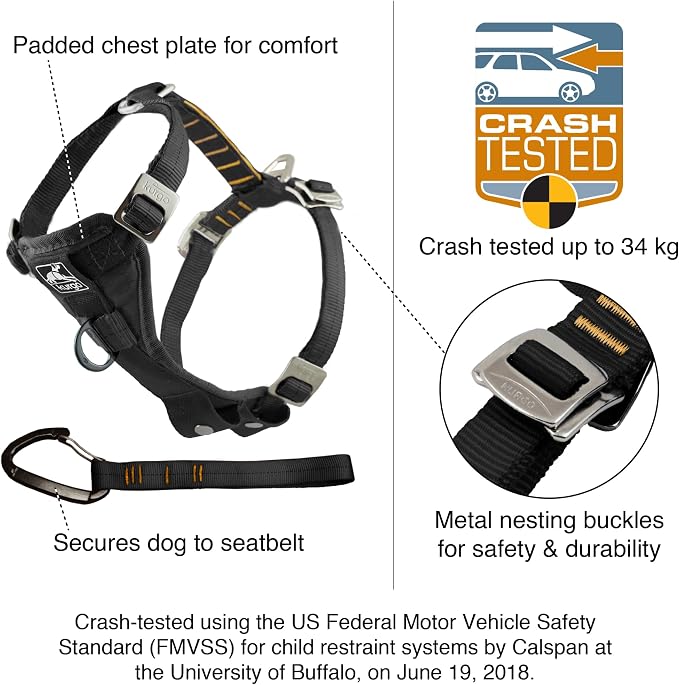 Kurgo Enhanced Strength Tru-Fit Smart Harness, Black, Large | Crash Tested Car Harness for Dogs up to 75Lbs, Seatbelt Tether & Steel Carabiner, All-Steel Buckles, Padded Chest for Comfort