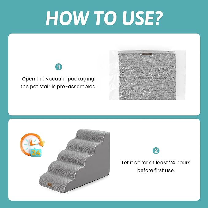 Wide Dog Stairs for Small Dog 22.6" H, Curved Pet Step for Puppy, Older Cat, Curved Ramp for High Bed or Car, Ladder with High Density Foam, Durable, 5 Step, 17.7x33x22.6 inch, Grey
