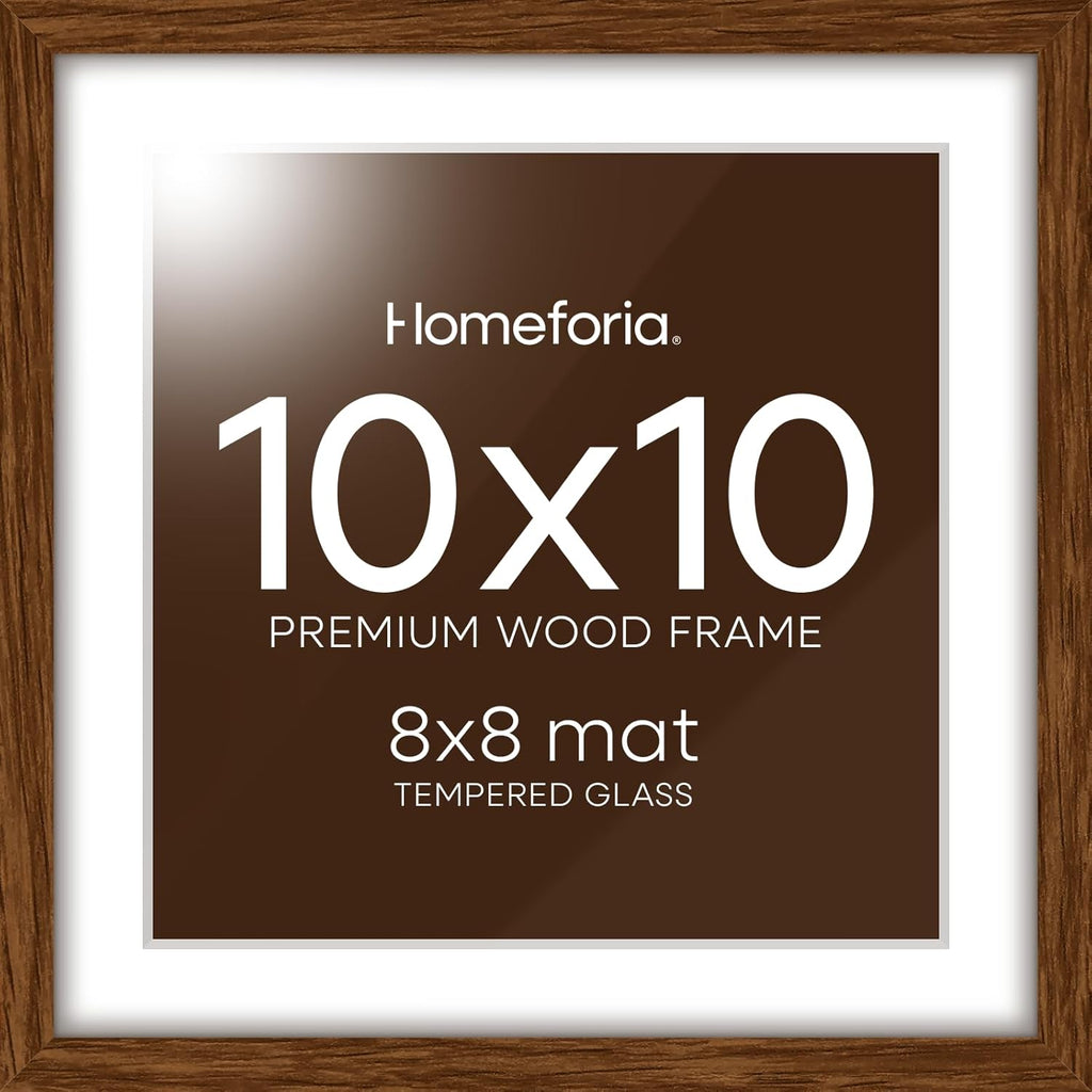 Homeforia 10x10 Picture Frame Brown, High-End Dark Oak 10 x 10 Square Brown Wood Frames with Mat 8 by 8 Photo, 10by10 Wooden Walnut Poster Frame Matted to 8x8 Print, Tempered Glass, Wall Kit, Set of 1