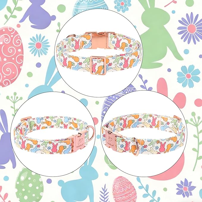 Easter Bunny Dog Collar, Cute Flower Bunny Easter Collar for Boy Girl Dogs, Adjustable Heavy Duty Spring Holiday Dog Collars for Small Medium Large Dogs with Metal Buckle L