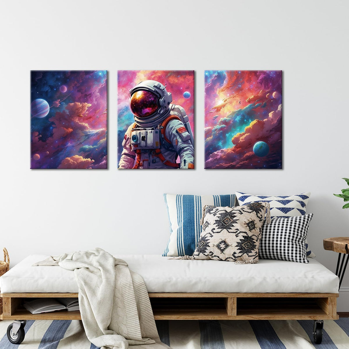 Outer Space Room Decor Astronaut Wall Art Canvas Prints Framed Artwork Space Themed Bedroom Playroom Nursery Decorations, Teen Boy Girl Room Decor, 3 Panels