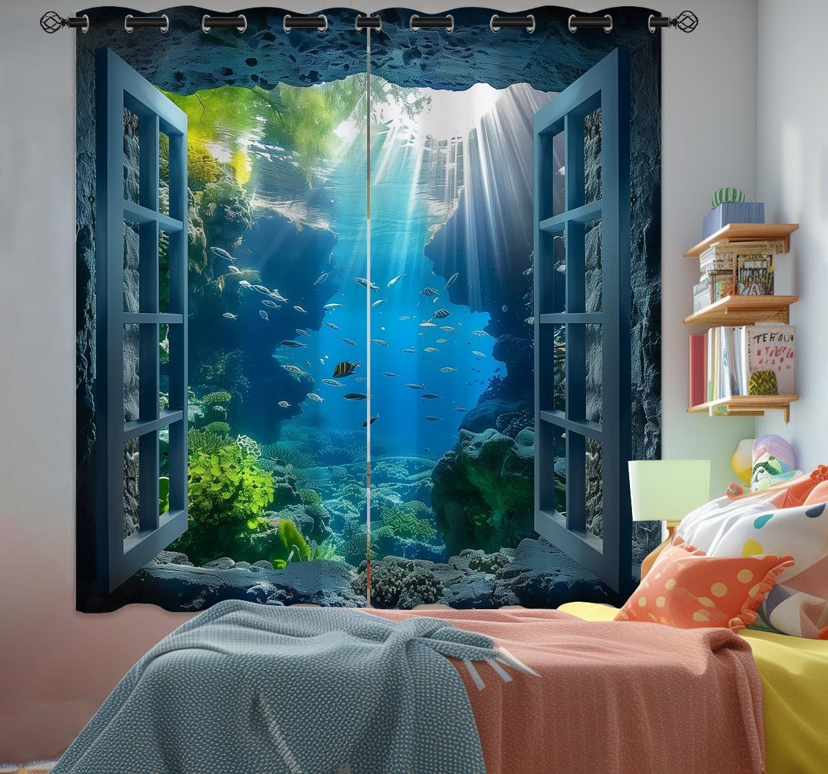 Ocean Fishs Blackout Curtains for Girls Boys Home Decor, Underwater Tropical Fish Undersea Coral Grommet Thermal Insulated Drapes Darkening Window Curtain for Bedroom Living Room, 55 x 63 Inch
