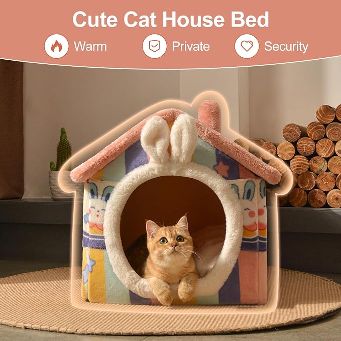 Cute Small Dog House Indoor,Foldable House Kennel Bed Mat with Cushion | L Size Tent for 11-16 lb Dogs and 18-22 lb Cats, Dog Cave Bed with Non-Slip Bottom,Rainbow,Soft Cozy Dog Cave Bed