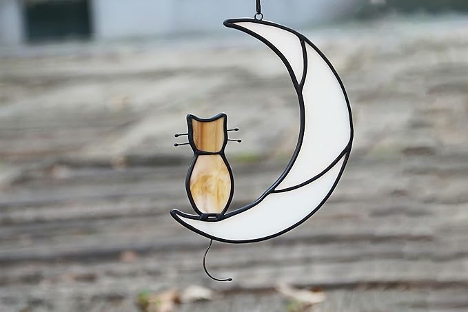 Orange Tabby Cat On Moon Stained Glass Window Hangings,Stained Glass Suncatcher Hanging Ornament Gift for Mom,Cat Memorial Gifts for Pet Lovers, Pet Loss Sympathy Gift (Yellow)