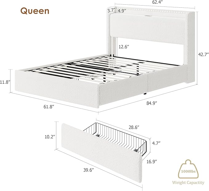 Queen LED Bed Frame with 4 Storage Drawers and Storage Headboard, Soft Boucle Upholstered Platform Bed Frame with Charging Station and USB Ports, Solid Wood Slats Support, No Box Spring Needed, White