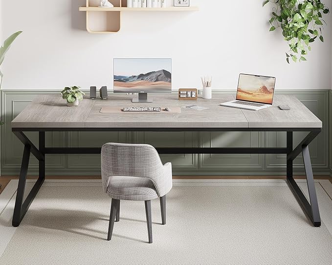 HSH 78 Inch Long Home Office Desk, Extra Large Grey Computer Desk for 2 Person, Industrial Wooden and Metal Executive Work Writing Study Gaming Desk Table, Modern Bedroom PC Laptop Desk Double Desk