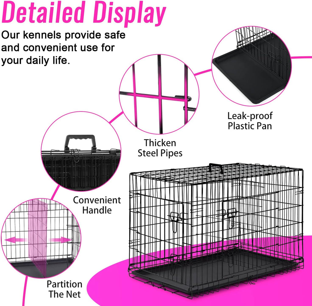 FDW Dog Crate for Large Dogs 48 Inch Folding Metal WirePet Cage Double Door W/Divider Panel Indoor Outdoor Kennel Leak-Proof Plastic Tray,Black