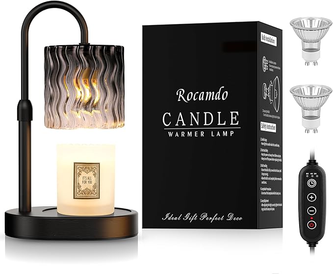Candle Warmer Lamp with Timer, Dimmable Candle Lamp Warmer for Home Decor, Adjustable Height Wax Melt Warmer Lamp with 2 Bulbs Birthday Christmas Gifts for Women (Black)