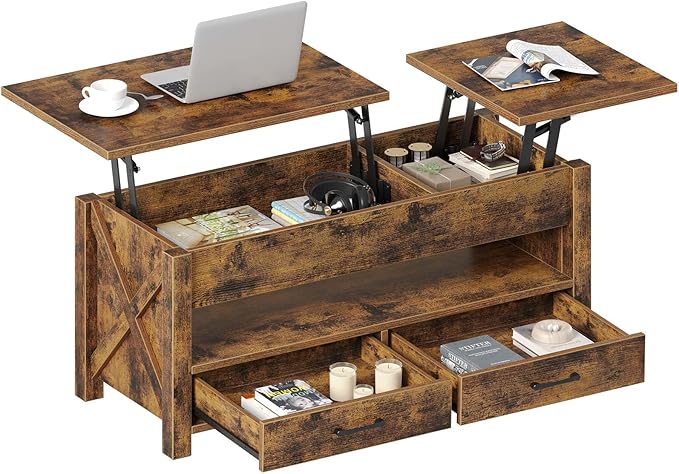 Seventable Coffee Table, 47.2" Lift Top Coffee Table with 2 Storage Drawers and Hidden Compartment, Farmhouse Center Table with Wooden Lift Tabletop, for Living Room,Rustic Brown