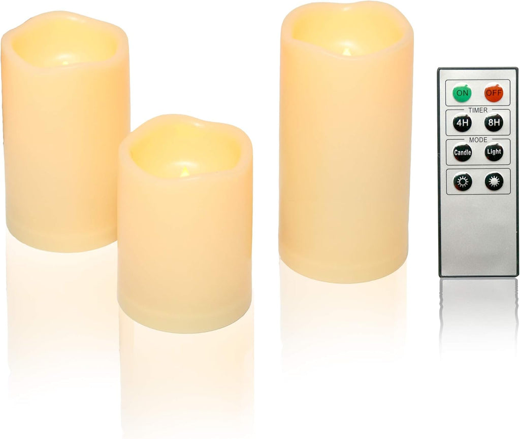 CANDLE CHOICE Waterproof Outdoor Battery Operated Flameless Candles with Remote Timer Plastic Realistic Flickering Fake Electric LED Pillars for Lantern Garden Wedding Christmas Decorations 3 Pack