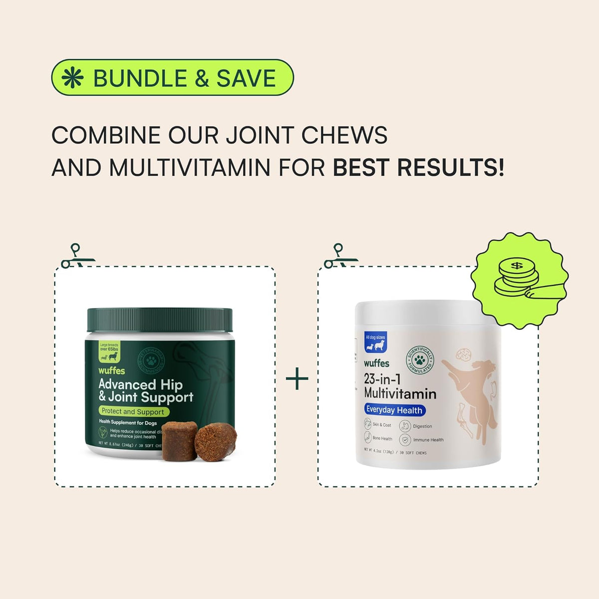 Wuffes Hip and Joint Supplement for Large Breeds and 23-in-1 Multivitamin Bundle