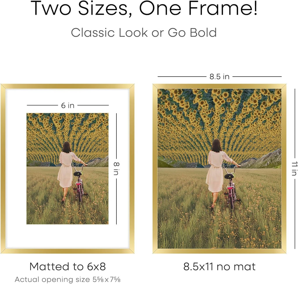 Homeforia 8.5 by 11 Picture Frame Gold, High End Metal 8.5x11 Poster Frames with Mat 6x8 Photo, 8.5 x 11 Frame Matted to 6 x 8 Print, 8.5by11 Wall or Tabletop Frame, Tempered Glass, Wall Kit, Set of 1
