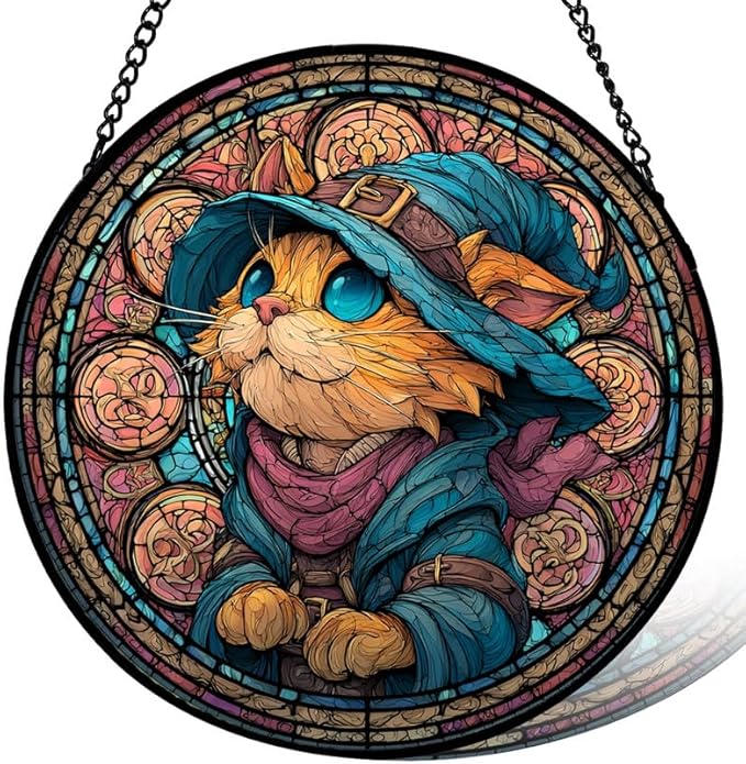 Stained Glass Window Hanging， Wizard Cat 11.8in Sun Catchers Indoor Window， Core Decor Inside and Outside The Cottage， Cute Feline Stained Glass Art， Unique Home Decor， Gifts for Women