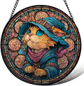 Stained Glass Window Hanging， Wizard Cat 11.8in Sun Catchers Indoor Window， Core Decor Inside and Outside The Cottage， Cute Feline Stained Glass Art， Unique Home Decor， Gifts for Women