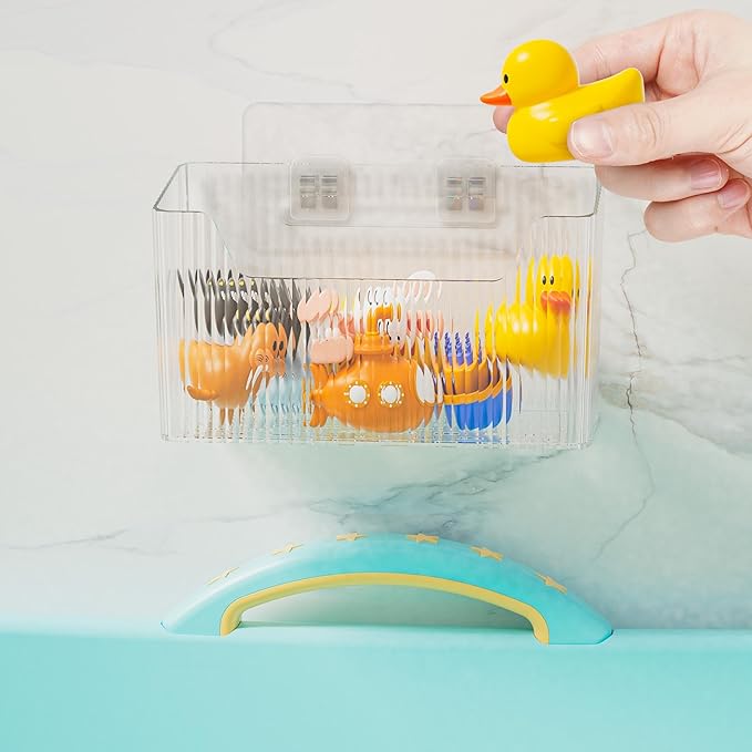 Set Of 2 Storage Organizer Bins Wall Mounted Shower Basket, Shower Caddy Stackable Clear Plastic Makeup Organizer Adhesive Hanging Bin for Bathroom, Kitchen, Cabinet, Pantry, BPA Free, Clear
